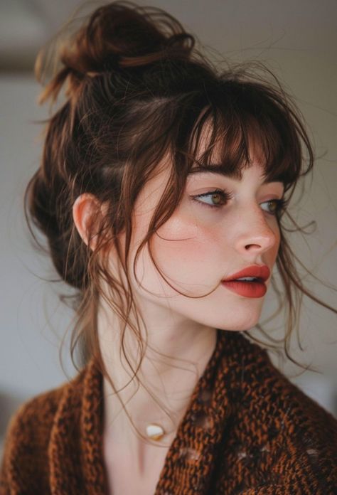 Wispy bangs have become a beloved trend in the world of hairstyles, offering a soft, delicate touch to any look. These fine, feathered bangs can transform a simple haircut into something truly special, adding a touch of whimsy and elegance. Whether you’re looking for a fresh update to your current style or considering a complete... #updo #hairstyles Face Framing Bangs Hair Up, Boho Bangs Hairstyle, Medium Hair Fringe Bangs, Barely There Bangs, Long Length Haircut With Bangs, Bangs For Short Forehead, Bangs Style Ideas, Wispy Bangs Round Face, Subtle Bangs