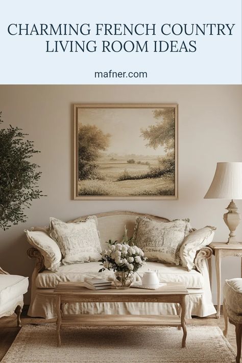 A beautifully styled French country living room showcasing vintage decor, soft colors, and a charming layout that inspires cozy atmospheres. This pin features one image of the inviting space. French Country Curtains Living Room, French Cottage Interiors, Rustic French Country Living Room, French Country Cottage Decorating, Old World Living Room, French Country Living Room Ideas, French Country Family Room, French Country Sofa, French Cottage Living Room