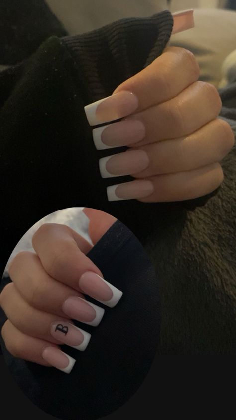 With B initial White French Tip Nails, B Initial, White French Tip, Tip Nails, Acrylic Nails Coffin Short, White French, Acrylic Nails Coffin, French Tip Nails, Cute Acrylic Nails