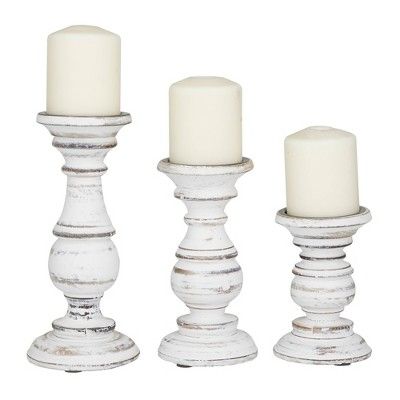 Chunky Candle Holders, Decorate Shelves, Candle Pillars, Wood Pillar Candle Holders, Stick Decor, Farmhouse Table Centerpieces, White Candle Holders, Cheap Farmhouse, Candles Decor