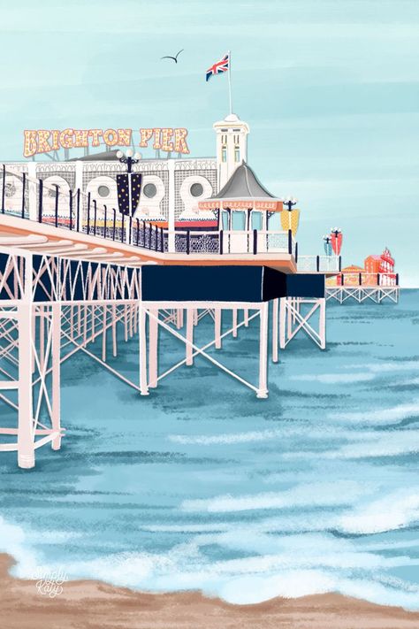 This art print was illustrated by Simply, Katy using her unique illustrative style. This poster would make the perfect gift for someone who loves the nostalgia of travel art. Travel Illustration, City Landscape, Landscape Pictures, Diy Frame, Paint By Number, Travel Art, Brighton, Home Decoration, Cute Art