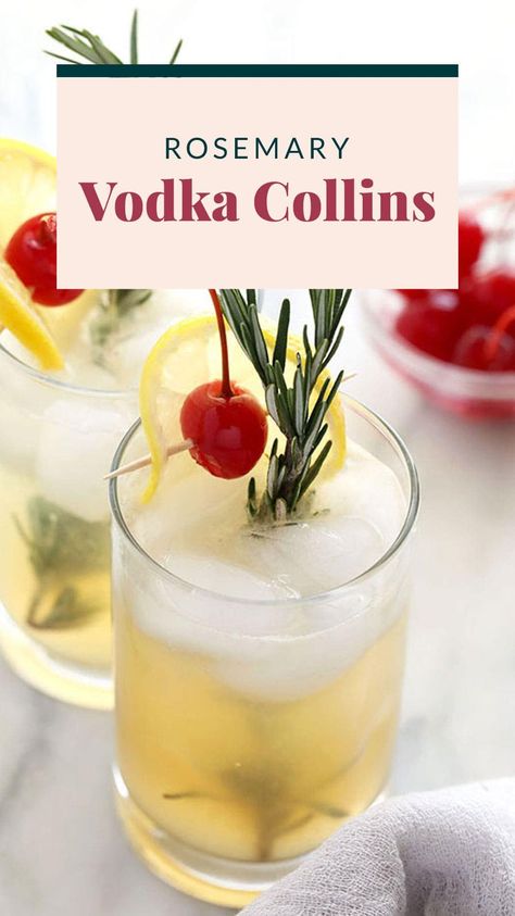 This Rosemary Collins Recipe is a twist on the traditional vodka collins, just in time for those holiday parties! Complete with a rosemary simple syrup and fresh lemon juice, this is the perfect refreshing cocktail even in the winter months. Cocktail Recipes With Rosemary, Lemon Rosemary Cocktail, Drinks With Rosemary Simple Syrup, Cocktail With Rosemary Simple Syrup, Rosemary Simple Syrup Recipe Cocktails, Rosemary Vodka Cocktail, Rosemary Simple Syrup Cocktail, Tom Collins Recipe Vodka, Cocktails With Simple Syrup