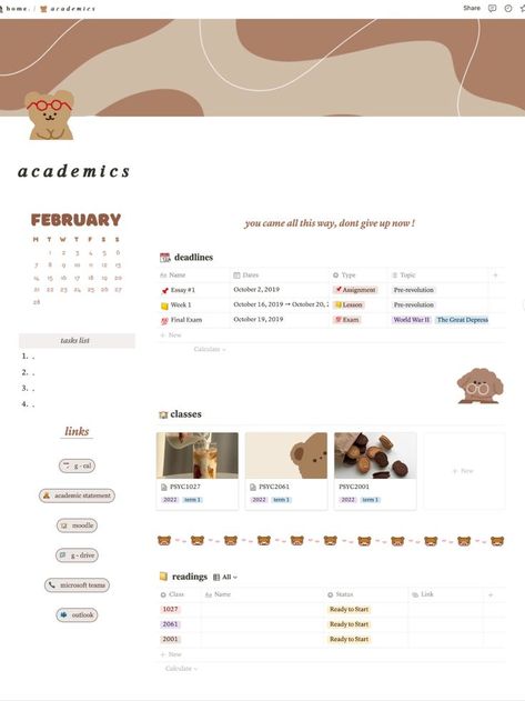 University Notion Setup, Notion Setup Aesthetic School, Notion Korean Aesthetic, Fall Notion Template, School Notion Page, Notion Brown Aesthetic, Academics Notion, Korean Template, Aesthetic Notion Setup