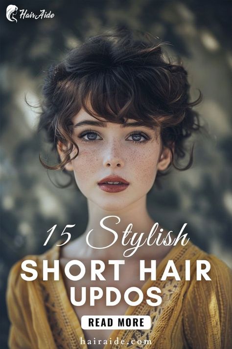 Get inspired with 15 short hair updos that prove you don’t need long locks for stunning hairstyles! Find your next favorite look from these trendy and versatile options. Medium Bob Updo, Updos For Short Wavy Hair, Updo For Medium Length Layered Hair, Dressy Curly Hairstyles Short, Short Curly Hairstyles Fancy, Short Hair Styles Traditional, Updos For Short Bob Hair, Short Updos For Weddings, Edgy Updo Hairstyles For Short Hair