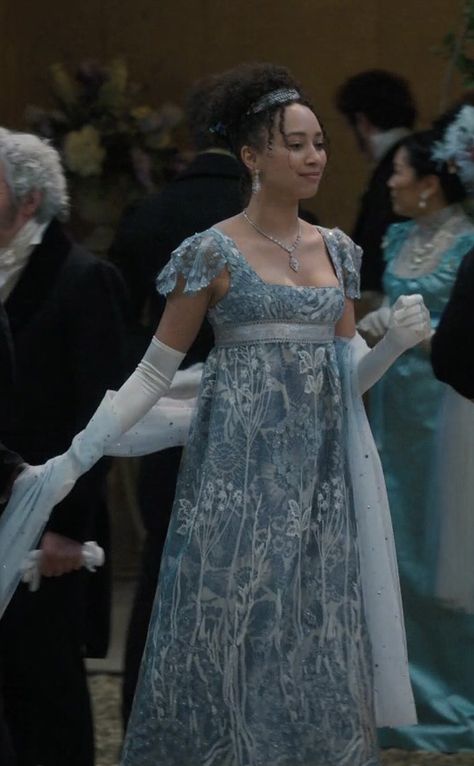 Bridget Ton Inspired Dresses, Bridget Ton Dress, Dresses From Bridgeton, Regency Dress Ball Gowns, Regency Dresses Aesthetic, Bridgeton Style Dresses, Blue Regency Gown, Regency Gown Aesthetic, Bridgerton Dresses Kate