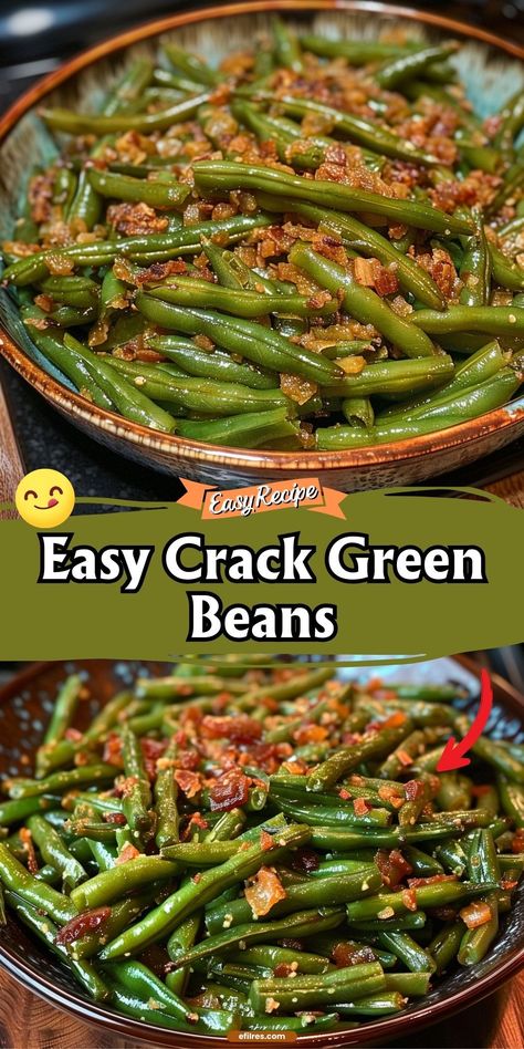 Savor the addictive flavor of Crack Green Beans, tossed in a tantalizing blend of spices and crisp to perfection. A side dish that often steals the show! #GreenBeans #CrackBeans #TastySides Easy Smothered Green Beans, Green Beans And Peas, Spam And Green Beans, Italian Green Beans With Bacon, Grandmas Green Bean, Goat Cheese Green Beans, How To Make Can Green Beans Taste Better, Creamed Potatoes And Green Beans, Candied Green Beans With Bacon