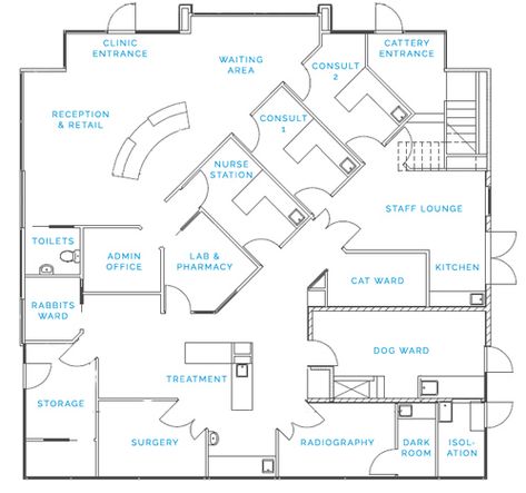 Vet Clinic Blueprints, Vet Clinic Design Floor Plans, Veterinary Clinic Floor Plans, Vet Floor Plans, Vet Clinic Floor Plans, Large Animal Vet Clinic Design, Vet Practice Design, Veterinarian Clinic Design, Cute Vet Clinic Ideas