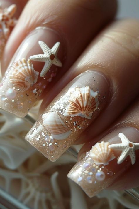 15 Best Beach Themed Nails Ideas For a Stylish Summer Look | Beach Nails Aesthetic Almond Dip, French Floral Design, Acrylic Extensions, Beach Themed Nails, Seashell Nails, Natural Acrylic, Beach Nail Art, Beach Nail Designs, Beachy Nails