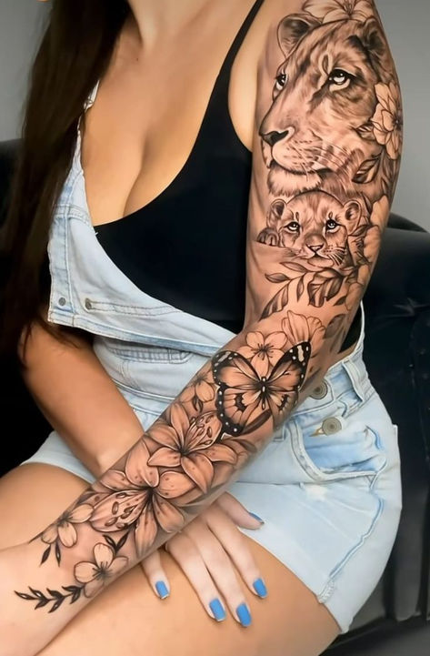 Female Lion Tattoo, Arm Sleeve Tattoos For Women, Tattoo Lion, Full Arm Tattoos, Beautiful Flower Tattoos, Full Back Tattoos, Arm Band Tattoo, Tatuaje A Color, Full Sleeve Tattoos