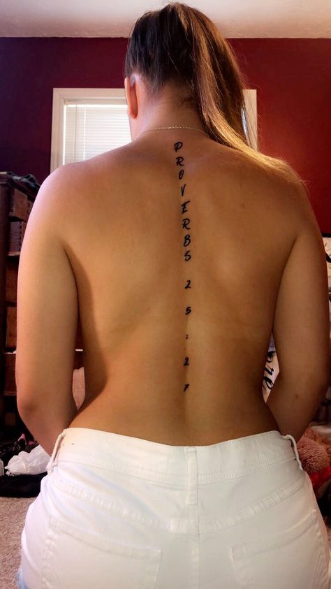 Bible Spine Tattoo, Spine Tattoos Bible Verse, Bible Spine Tattoos For Women, Back Tattoo Women Spine Bible Quotes, Bible Quote Spine Tattoos For Women, Bible Verse Spine Tattoo, Bible Verse Tattoos, Verse Tattoos, Spine Tattoo