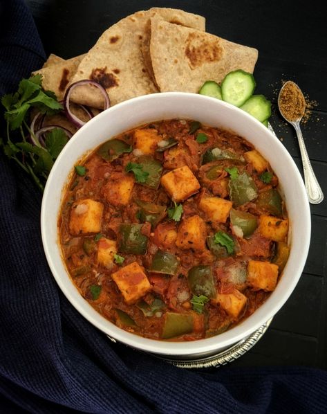 Kadai Paneer or Karahi Paneer is a quintessential paneer dish that can be always found on a restaurant menu and dinner parties! This recipe is prepared by sauteing the fresh paneer and capsicum cubes in onion-tomato gravy with melange of ingredients like kasoori methi, freshly pounded kadai masala and fresh cream. Karahi Paneer, Kasoori Methi, Capsicum Curry, Paneer Dish, Kadai Paneer, Curry Dinner, Indian Side Dishes, Tandoori Roti, Paneer Dishes