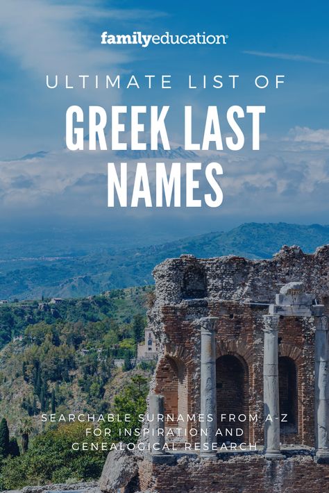 Looking for a list of last names? These unique last names are Greek in origin, perfect inspiration for characters, baby names, or discovering your genealogy. #lastnames #listofnames #Greek Roman Last Names, Ancient Last Names, Greek Last Names For Characters, Greek Surnames With Meaning, Interesting Last Names, V Last Names, Old Greek Names, Lastnames Ideas, Last Names Ideas For Characters