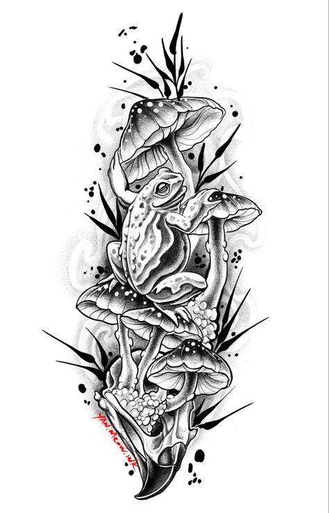 Mushroom Tattoos Sleeve, Tattoo Design Drawings Mushroom, Mushroom Tattoo Drawing, Mushroom And Skull Tattoo, Mushroom With Frog Tattoo, Mushroom Leg Sleeve Tattoo, Neo Trad Mushroom, Toad Stool Tattoo, Frog With Mushroom Tattoo