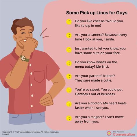 So, girls, you’re looking for some pick-up lines for guys that’ll help you break the ice… No. No. Don’t be shy… we’ve all been there. Honestly, starting a conversation is often extremely tricky, especially if you don’t have some intriguing conversation starters or pick up lines handy. #pickuplines #pickuplinesforhim #picklinesforguys #dating #onlinedating #affection #attraction #thepleasantmind #moderndating Girl Pick Up Lines, Sweet Pick Up Lines, Pick Up Lines For Guys, Nerdy Pick Up Lines, Lines For Boyfriend, Smooth Pick Up Lines, Cute Pickup Lines, Lines For Best Friend, Guys With Tattoos