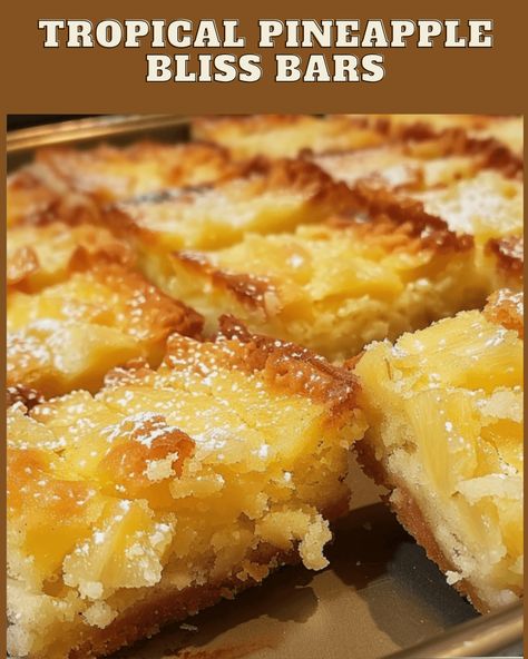 Pineapple Pie Bars, Pineapple Chewy Bars, Pineapple Baked Goods, Pineapple And Coconut Recipes, Pineapple Coconut Bars, Easy Tropical Desserts, Tropical Pineapple Bliss Bars, Pineapple Bliss Bars Recipe, Pineapple Bliss Bars