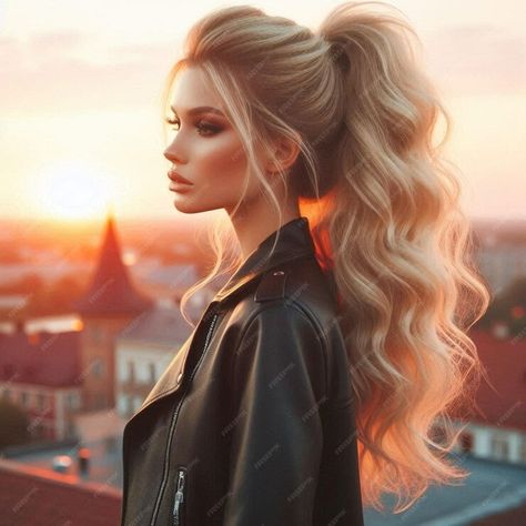 Premium Photo | A beautiful blonde woman with long wavy hair tied in a high ponytail 2 Long Hair For Pictures, High Ponytail Blonde, Ponytail Blonde Hair, Wavy Hair Ponytail, A High Ponytail, High Ponytail, Blonde Woman, Long Wavy Hair, Blonde Women