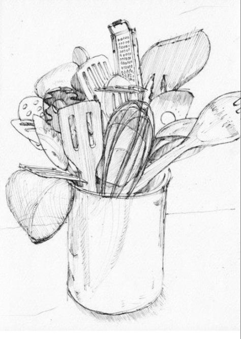 Kitchen Utensils Drawing, Kitchen Utensils Illustration, Utensils Drawing, Kitchen Drawing, Observational Drawing, Object Drawing, Still Life Drawing, Desenho Tattoo, Arte Inspo