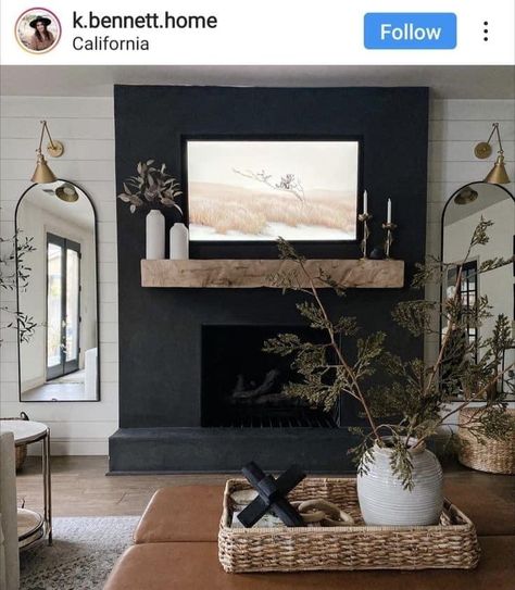 Boho Black Fireplace, Hgtv Fireplace Makeovers, Living Room Ideas With Black Fireplace, Wall Fireplace Insert, Mirrors Around Fireplace, Neutral Living Room With Black Fireplace, Black Fireplace Grey Wall, Mirrors On Tv Wall, Modern Electric Fireplace With Mantel