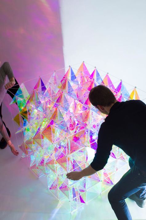 Dichroic film | Glass Magazine | Dichroic | Pinterest | Film, Commercial and Magazines Mosaic Sculpture, Kite Making, Bar Ideas, Sculpture Installation, Light Installation, Dichroic Glass, Design Milk, Window Display, Public Art