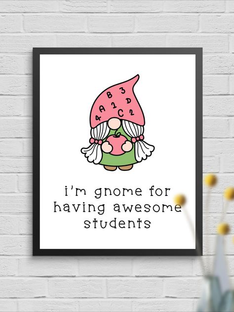 garden gnome art with red hat, green dress, white pigtails, holding red apple Gnome Classroom Door, Gnome Classroom Theme, Gnome Puns, Gnome Classroom, Floral Classroom, Teacher Gnome, Classroom 2023, Teacher Classroom Decor, Secretary's Day