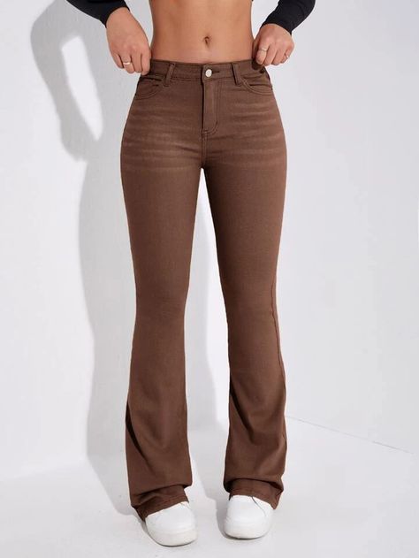 SHEIN Frenchy Slant Pocket Bootcut Leg Jeans | SHEIN USA Brown Bootcut Jeans, Brown Bootcut Pants Outfit, Brown Flare Jeans Outfit, Brown Flare Jeans, Jeans Marron, Bunny Outfits, Bootcut Jeans Women, Flare Jeans Outfit, Brown Flares