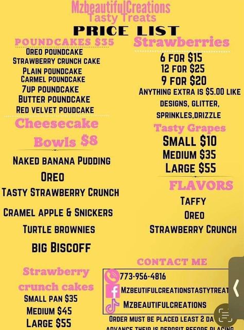 Dessert Price List, Dipped Treats Price List, Treats Price List, Bake Business, Dipped Treats, Sweet Tables, Birthday Weekend, Sweet Table, Bake Sale