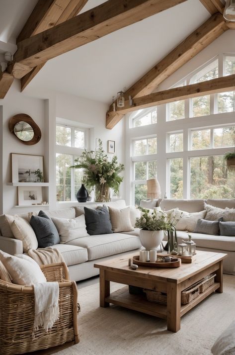 Organic Modern Cottage Living Room, Luxury Cottage Living Room, Modern Farmhouse Inspiration Living Room, Modern Cottage Home Decor, Scandinavian Rustic Living Room, Classic Modern Rustic Living Room, Rustic Natural Living Room, Cottage Style Homes Interior Living Room, Cottage Feel Living Room