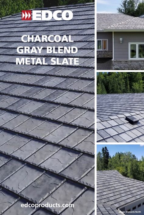 Charcoal Gray Blend metal slate roofing is a stunning addition to any home! And you can rest easy knowing your EDCO metal roof is guaranteed for life - even against hail damage. This beautiful roof was installed by Elements North out of Thunder Bay, Ontario. Visit our website to learn more. #EDCOProducts Metal Roofing Systems, Metal Roof Houses, Roofing Shingles, Roofing Ideas, Roof Ideas, Steel Roofing, Metal Roofing, Thunder Bay, Slate Roof