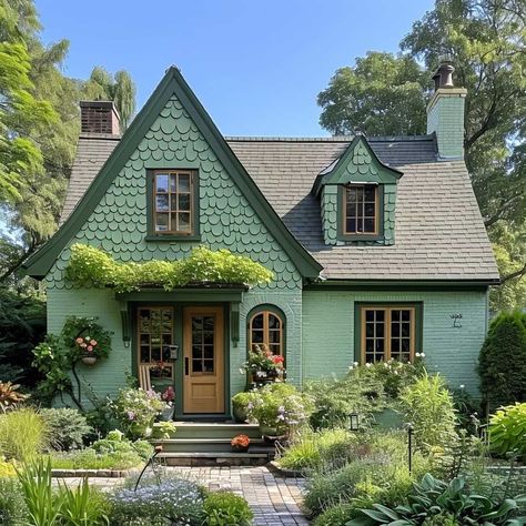 Colorful Tudor Exterior, Mint House Exterior, Witchy Cottage Exterior, Bright House Exterior, Colorful House Exterior, Home Exterior Styles, Sage Green House, Cottage Paint Colors, Mint House