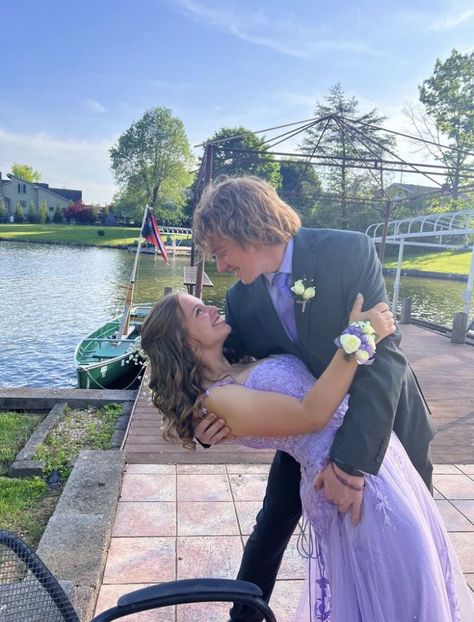 Lilac Homecoming Couple, Lavender Prom Couple, Hoco Date Poses, Purple Prom Couple, Lavender Hoco Dress, Prom Dates Couples, Hoco Poses With Date, Purple Dress Aesthetic, Homecoming Couples