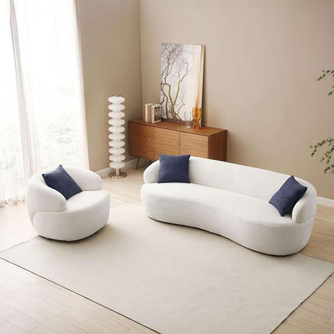 - Modern curved fabric sofa with optimal seating comfort. - Suitable for various spaces like living rooms, bedrooms, and offices. - Sturdy wooden frame ensures stability for gatherings. - Soft fabric upholstery with dense foam padding and spring coil system. - Sizes: 3-seat sofa: 86.61"L x 27.55"W x 35.43"H, Weight Limit: 800 lbs. Round sofa chair: 35.04"L x 34.65"W x 27.17"H, Weight Limit: 300 lbs. No assembly required. Round Sofa Chair, Modern Curved Sofa, Rv Sofas, Chair Luxury, Pillows For Living Room, Rv Furniture, Fabric Couch, Accent Sofa, Living Room Apartment