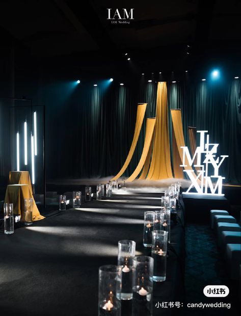 Stage Ideas Design Event, Luxury Stage Design, Gala Stage Design, Fabric Stage Design, Curtain Stage Design, Star Stage Design, Event Stage Design Ideas, Celestial Stage Design, Contemporary Wedding Decor