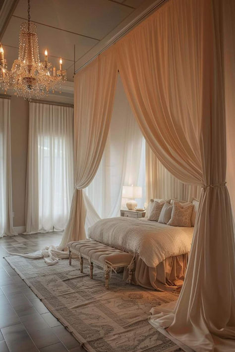 44 Sophisticated Bedroom Chandelier Ideas for a Glam Look Luxury Chandelier Bedroom, Luxury Bedroom Chandelier, Master Bedrooms Glam Decor, Bedroom Ideas Chandelier, Luxury Victorian Bedroom, Queen Bedroom Aesthetic, Interior Design Glamour, Two Window Bedroom Ideas, Bedroom Chandeliers Master