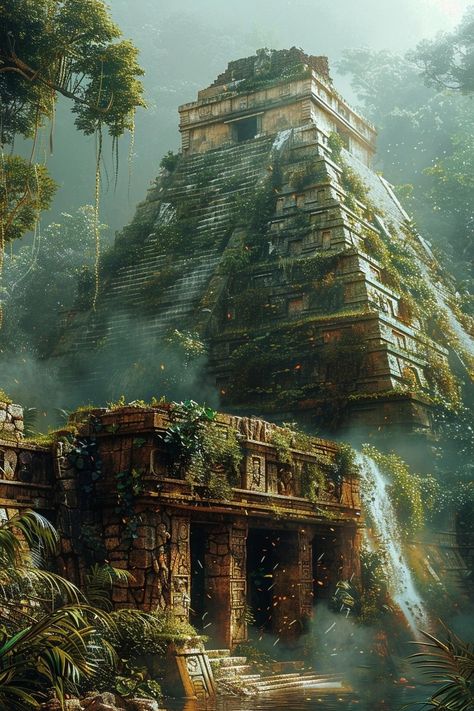 Aztec Temple Concept Art, Temple In Jungle, Antediluvian Civilization, Temple Ruins Concept Art, Jungle Civilization, Aztec Palace, Aztec Landscape, Aztec Buildings, Inca Temple