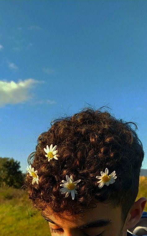 Male Curly Hair Aesthetic, Men With Flowers In Their Hair, Short Curly Hair With Flowers, Curly Hair Boyfriend Aesthetic, Curly Hair Aesthetic Boy, Dark Curly Hair Men, Curly Hair Boys Aesthetic, Dark Curly Hair Boy, Curly Haired Boyfriend