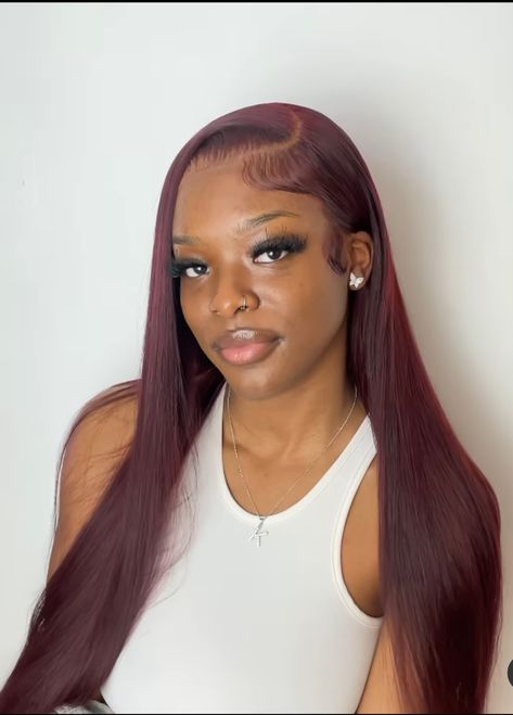 99j Side Part Wig, Dark Red Sew In, 99j Wig Black Women, Wig Inspo Color, Burgundy Wig Side Part, Burgundy Wig Styles, Burgundy Hair Straight, Side Part Burgundy Wig, Burgundy Sew In