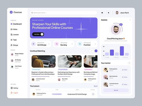 Coursue Learning Platform Dashboard by Fireart UI/UX for Fireart Studio on Dribbble Dashboard Ux Design, Ipad App Design Layout, Web Dashboard Design, Learning Management System Ui Design, Dashboard Ui Design Web Application, Learning Platform Design, Ui Design Web Application, Ui Dashboard Design, Dashboard Design Inspiration