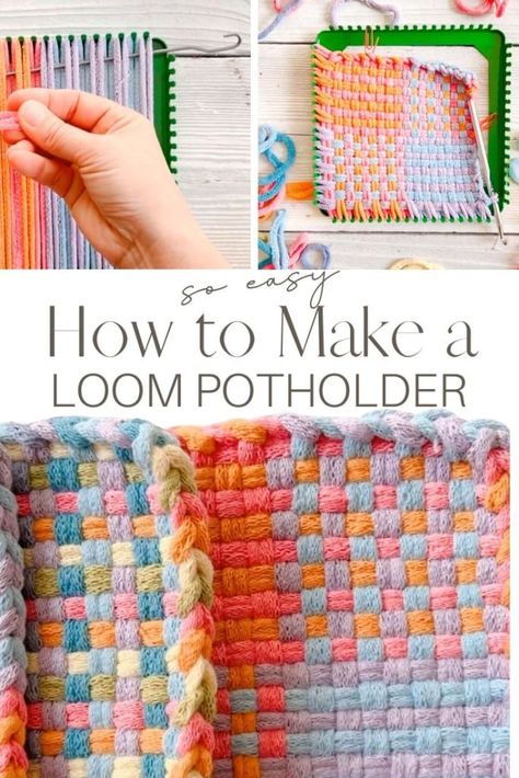 How To Finish Pot Holder Loom, Potholder Rug Diy, Yarn Pot Holders, Potholder Loops Diy, Weaving Pot Holders Loom Patterns, Loom Knit Pot Holders, Potholder Loom Loops Diy, Loom Potholder Patterns Tutorials, Pot Holders Loom Patterns