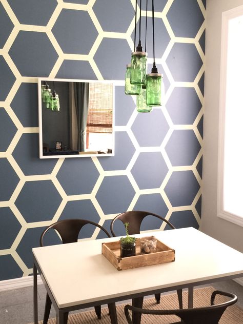 Honeycomb Painting Wall, Hexagon Painted Wall, Seashell Accessories, Mason Jar Pendant Light, Paint Room, Hexagon Wall, Black Accent Walls, Diy Wall Painting, Accent Wall Paint