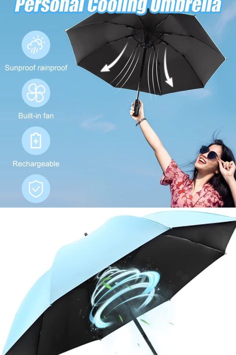 Stay cool with our newly designed Cooling Umbrella featuring a built-in personal fan with adjustable speeds for hot summer days. UPF 50+ protection shields from UV rays. USB rechargeable, compact, and perfect for various outdoor activities. Adjustable Umbrella For Travel And Rainy Season, Portable Neck Fan Video, Black Foldable Travel Umbrella, Portable Umbrella, Cooling Spray, Summer Umbrella, Cool Umbrellas, Portable Fan Minis, Uv Umbrella