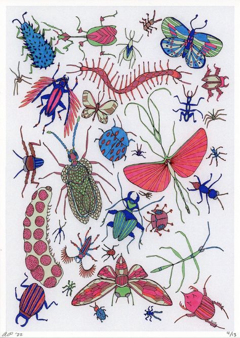 "\"Bugs\" is a 5x7 inch print on Heavy Card Stock. This drawing features brightly colored insects and bugs. Butterflies, moths, and beetles can be seen. It is unframed. Every purchase includes a free sticker! All sales are final. Purchase of this artwork does not allow for reproduction or resale. Purchase is solely for ownership of the single, original piece of art. Artist retains all rights for reproduction, use, print and resale of the image associated with \"Bugs.\"" Cute Bug Art, Cute Bug Drawing, Bug Doodles, Vintage Bug Illustration, Bug Poster, Insects Drawing, Bugs Illustration, Bug Wallpaper, Bug Drawing