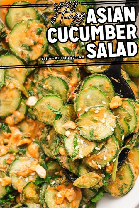 Asian Cucumber Salad is crunchy and refreshing, made with a sweet and sour peanut dressing, fresh crunchy cucumbers, cilantro and green onion. Cucumbers With Peanut Sauce, Thai Cucumber Peanut Salad, Cucumber And Crab Salad Asian, Shredded Cucumber Recipes, Peanut Sauce Cucumber Salad, Healthy Creamy Cucumber Salad, Asian Cucumber Salad Recipe With Peanut Butter, Cucumber With Peanut Sauce, Viral Cucumber Salad With Peanut Butter