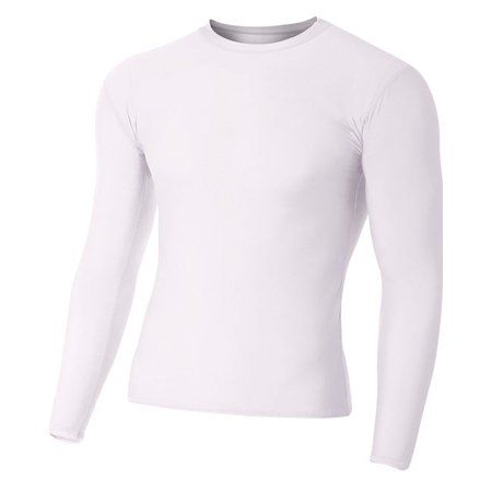 80% polyester/20% spandex, 5 oz. per square yard; Contains moisture wicking, stain release, and is odor resistant; 4-Way stretch moisture-management fabric; All seams flat-lock stitched; Size: XL.  Color: White.  Gender: unisex.  Age Group: adult. White Compression Shirt, Long Sleeve Compression Shirt, Men In White, Mens Workout Shirts, Mens Compression, Compression Shirt, Athletic Shirts, 4 Way Stretch Fabric, Running Tops