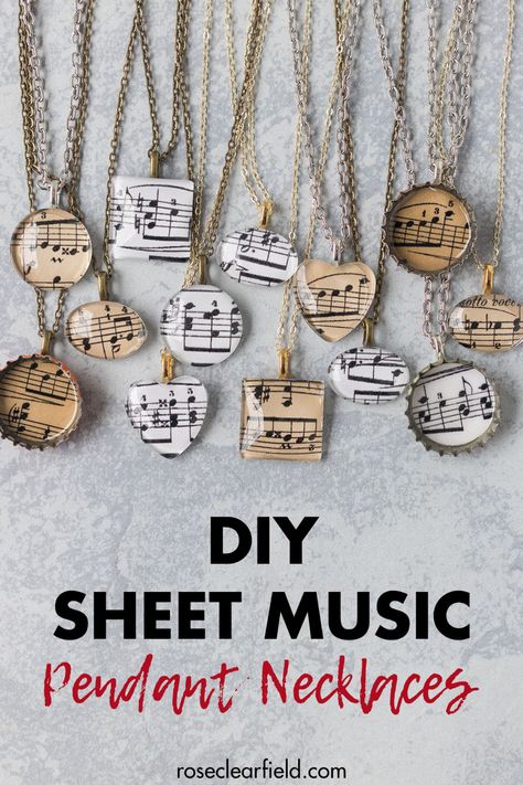 Make your own sheet music pendant necklaces! Great jewelry item to give as party favors and to sell on Etsy and at craft fairs. #DIY #sheetmusiccraft #pendantnecklaces Music Inspired Jewelry, Music Party Favors, Piano Crafts, Theatre Crafts, Bible Jewelry, Sellable Crafts, Sheet Music Crafts, Easy Crafts To Sell, Music Ornaments