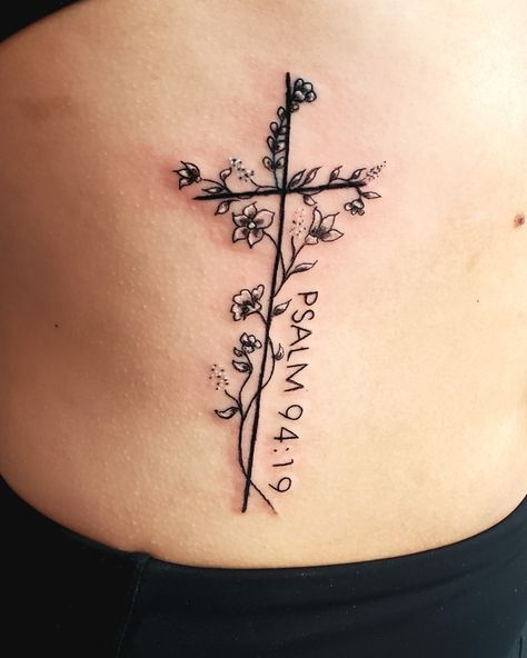 #cross #bibleverse #dainty #feminine #ribs #side #thincross #flowers #vines #tattoo #religious #studio13tattoomg Tattoos For Women Cross With Flowers, Biblical Vine Tattoo, Flower And Bible Verse Tattoo, Cross With Vines Drawing, Cross Flower Tattoo Design, Cross And Bible Verse Tattoo, Bible Verse Cross Tattoo, My Grace Is Sufficient For You Tattoo, Cross Tattoos With Bible Verse