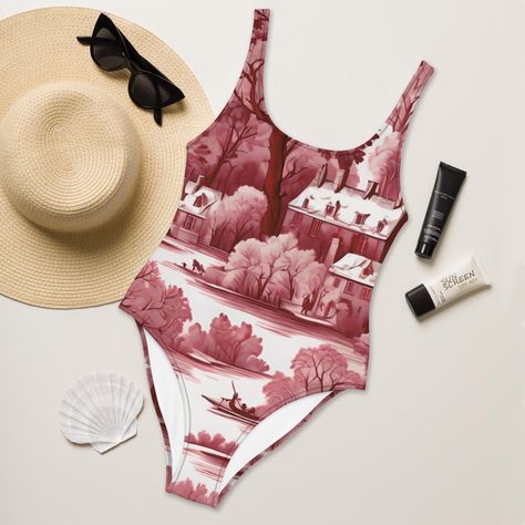 Toile De Jouy Swimsuit - Burgundy Brown One-Piece Swimsuit - Elegant Swimsuit - Classic Swimwear - Winter Swimsuit - Christmas Swimsuit Christmas Swimsuit, Winter Swimsuit, Swimsuit Elegant, Elegant Swimsuit, Classic Swimwear, Brown Toile, Brown One Piece, Romantic Outfit, Floral Swimsuit