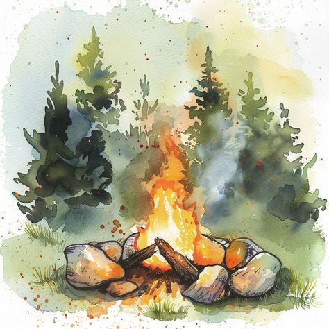 Campfire Painting Easy, Camping Watercolor Painting, Campfire Art, Campfire Drawing, Watercolor Night Sky, Watercolor Calendar, Cabin Art, Fire Image, Watercolor Art Lessons