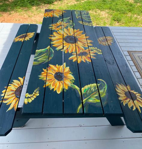 Sunflowers, picnic table, painted, artwork, Patio Table Painting Ideas, Sunflower Patio Ideas, Painted Outdoor Table And Chairs, Sunflowers Painted On Furniture, Fence Post Painting, Garden Table Painting Ideas, Table Painted With Flowers, Sunflower Picnic Table, Sunflower Mural On Shed