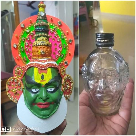 Old Monk Face Bottle Art, Bottal Craft Ideas, Bisleri Bottle Craft, Kathakali Face, Avengers Crafts, Bottle Art Projects, Puppy Crafts, Mini Pottery, Pot Craft