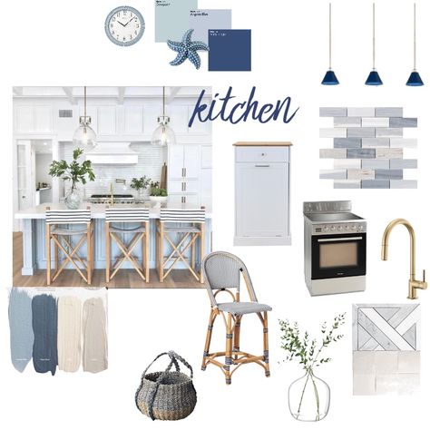 Coastal Kitchen Mood Board, Coastal Mood Board, Hamptons Style House, Coastal Style Kitchen, Mediterranean Interior Design, Greek Decor, Blue Interior Design, Japandi Interiors, Design Mood Board